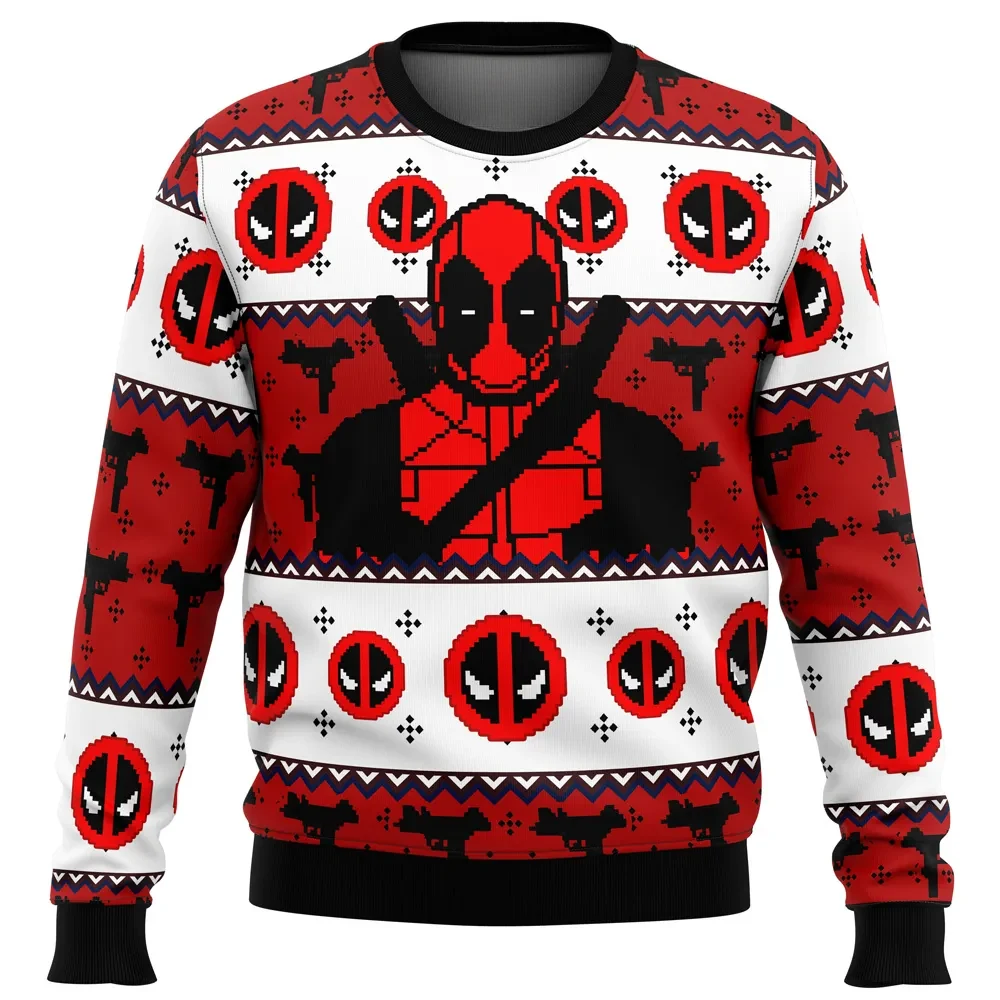 Deadpool Ugly Christmas Sweater, Marvel Superhero Holiday Sweater, Pixel Art Merc with a Mouth Logo Pattern Xmas Gift for Comic Fans