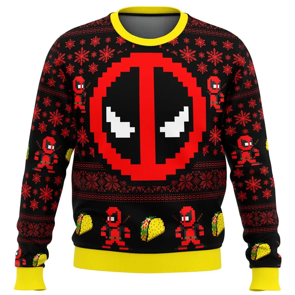 Deadpool Ugly Christmas Sweater, Marvel Holiday Sweater, Superhero Xmas Gift, Pixel Deadpool Mask and Tacos Unisex All Over Print Pullover