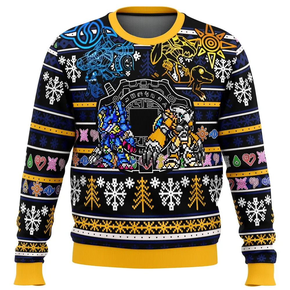 Digimon Ugly Christmas Sweater, Digimon Adventure Agumon Gabumon Digivolution Holiday Sweater, Pixel Art Anime Xmas Gift for Tamers