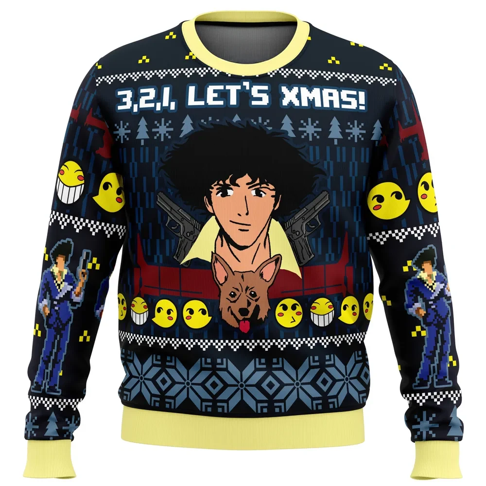 3, 2, 1, Let's Xmas Cowboy Bebop Ugly Christmas Sweater, Spike Spiegel and Ein Anime Holiday Sweater, Swordfish Xmas Sweatshirt, Gift for Fans