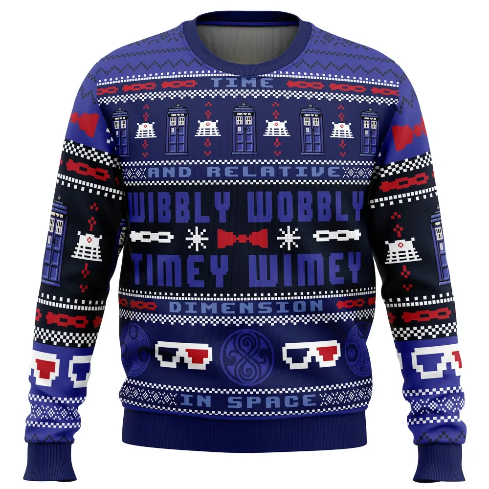 Timey Wimey Doctor Who Ugly Christmas Sweater, Wibbly Wobbly TARDIS and Dalek Holiday Sweater, Unisex Sci-Fi Sweatshirt, Whovian Xmas Gift