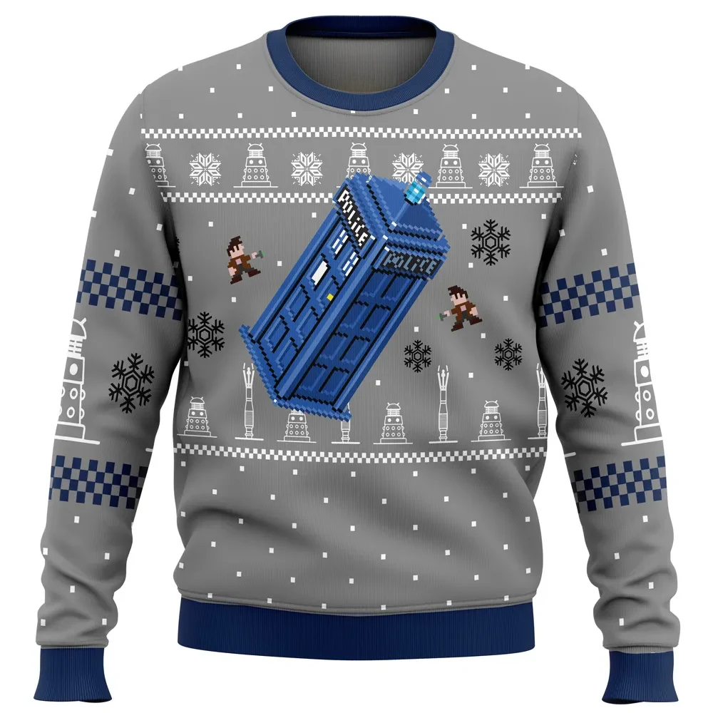 Doctor Who TARDIS Ugly Christmas Sweater, Doctor Who Holiday Sweater, Pixel Police Box and Dalek Pattern, TV Fan Xmas Gift for Whovians