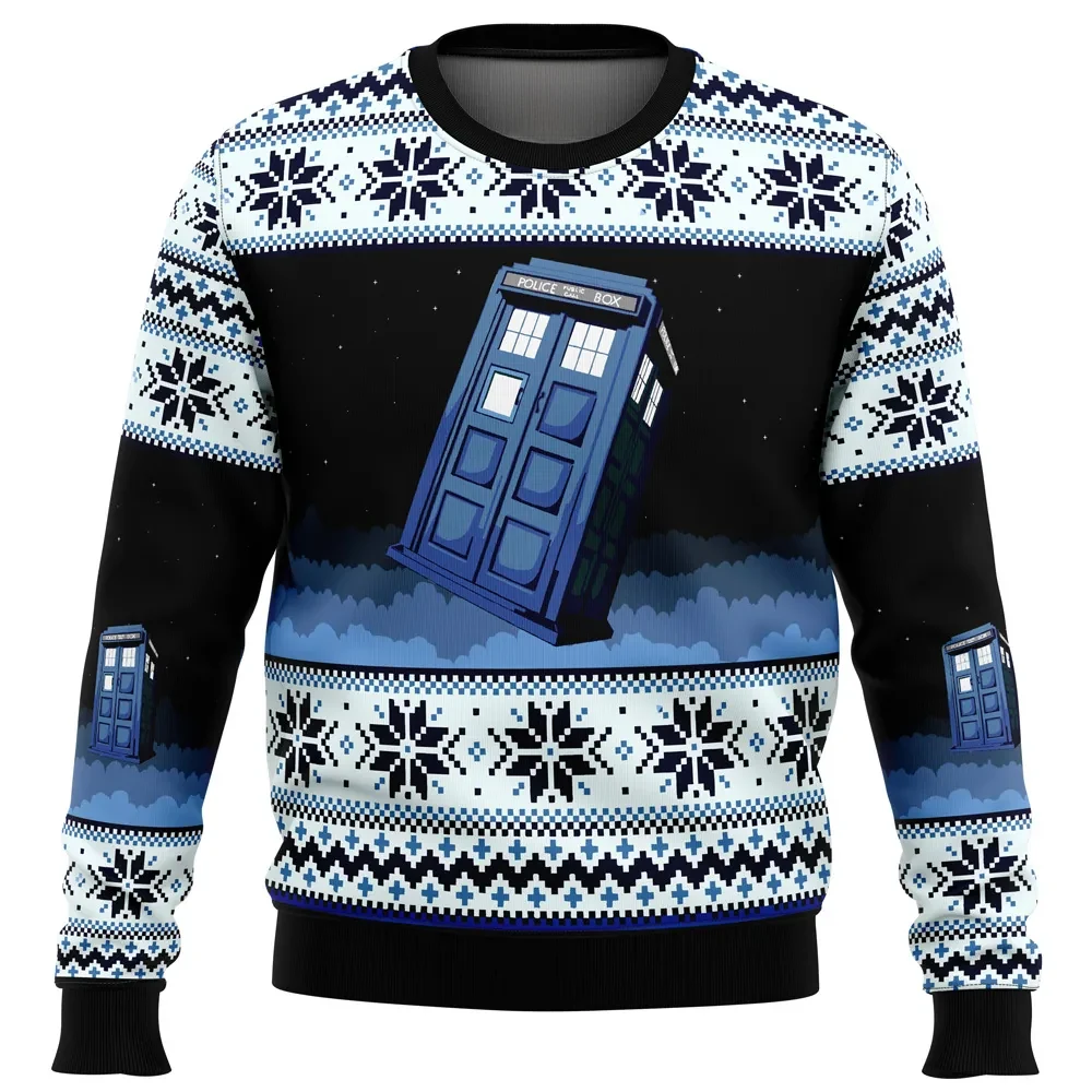 Doctor Who Tardis Ugly Christmas Sweater, Whovian Holiday Sweater, Blue Police Box Over the Clouds Unisex Sweatshirt, Sci-Fi TV Xmas Gift
