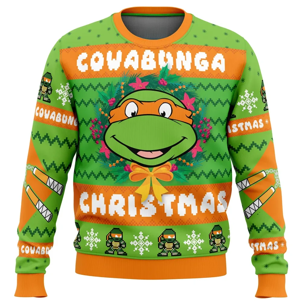 Cowabunga Christmas Michelangelo Ugly Sweater, Teenage Mutant Ninja Turtles Holiday Sweater, Orange Mask Retro Cartoon TMNT Xmas Gift for Fans