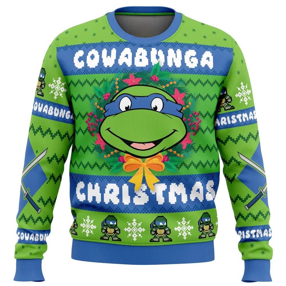 Cowabunga Leonardo Christmas Teenage Mutant Ninja Turtles Ugly Christmas Sweater, TMNT Cartoon Holiday Sweater, Unisex Xmas Jumper
