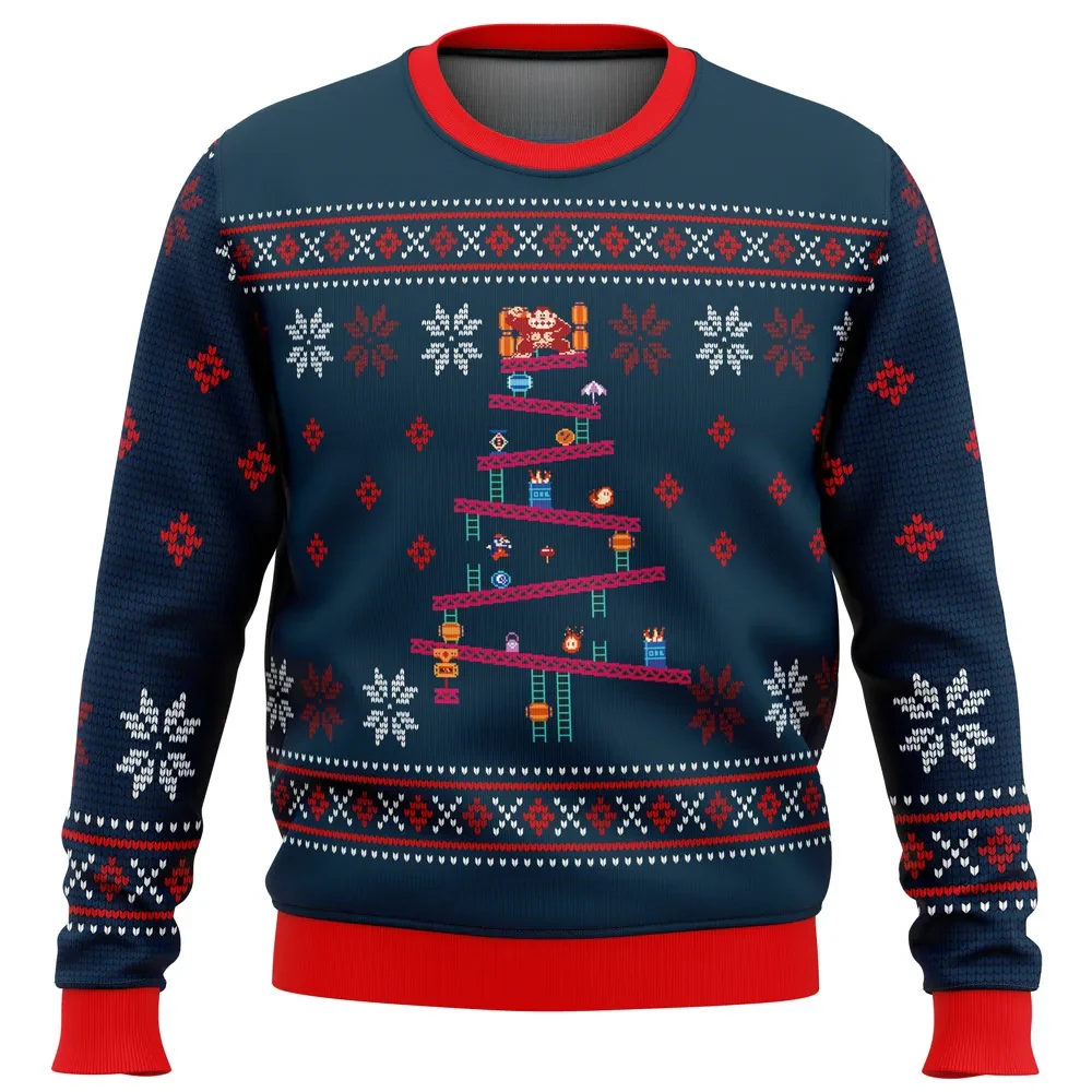 Donkey Kong Ugly Christmas Sweater, Retro Arcade Christmas Tree Holiday Sweater, Classic Girders and Ladders Pullover, Gamer Xmas Gift