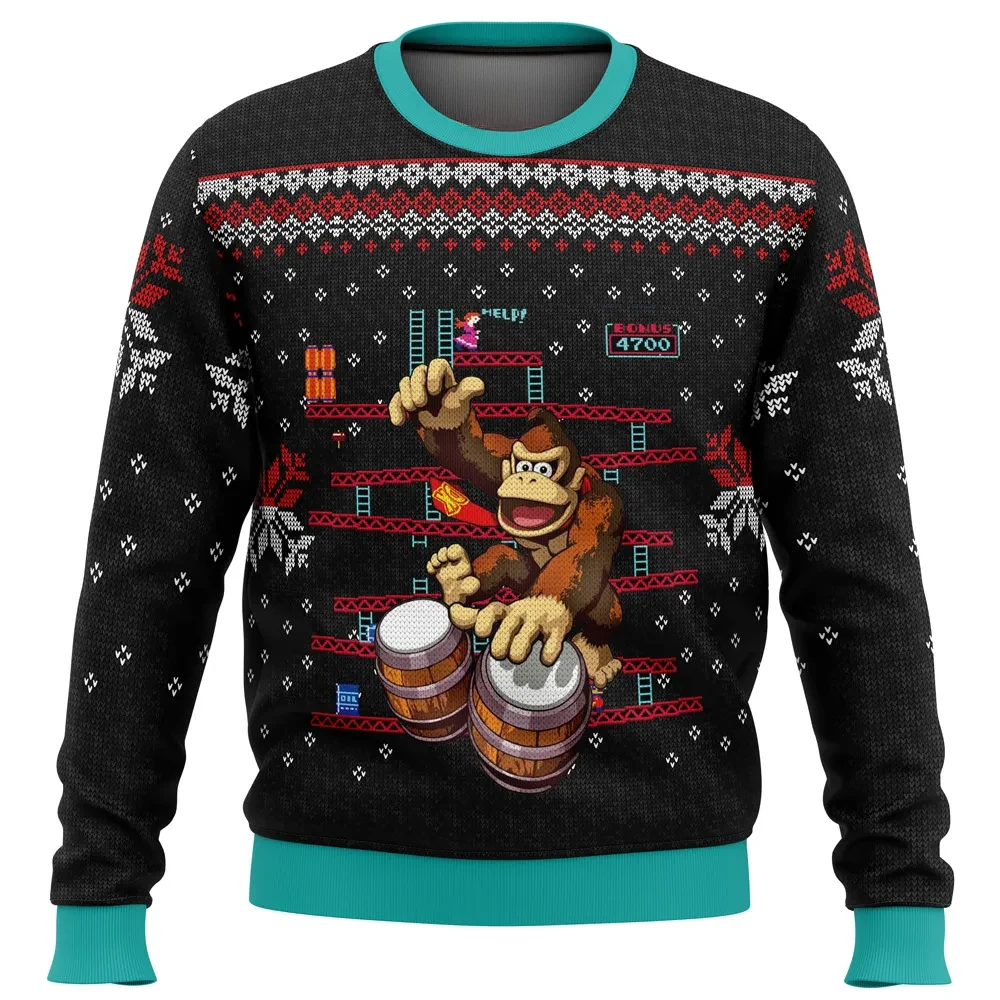 Donkey Kong Drums Ugly Christmas Sweater, Arcade Girders and Pauline Holiday Sweatshirt, Nintendo Retro Gamer Xmas Gift for Fans