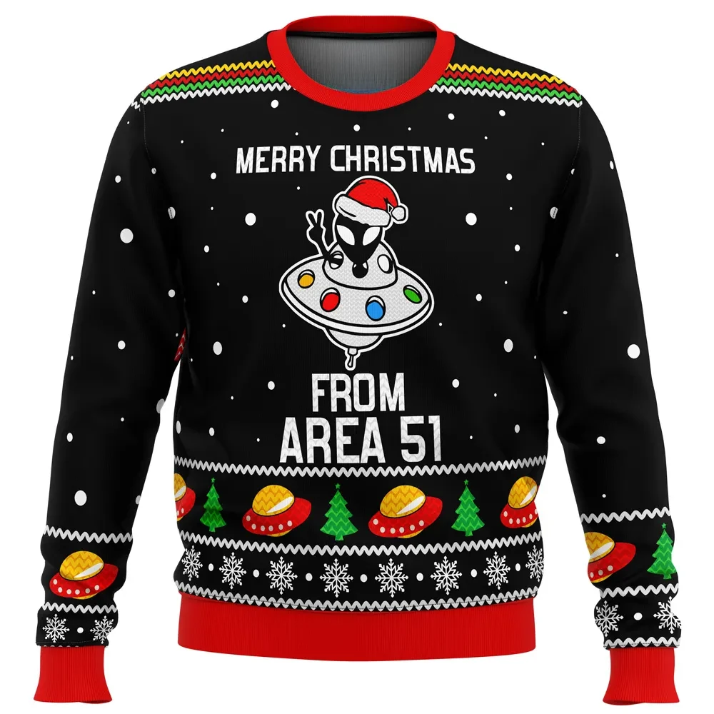 Merry Christmas From Area 51 Aliens Ugly Christmas Sweater, Alien UFO Holiday Sweater, Santa Hat Alien Sweatshirt, Funny Xmas Gift