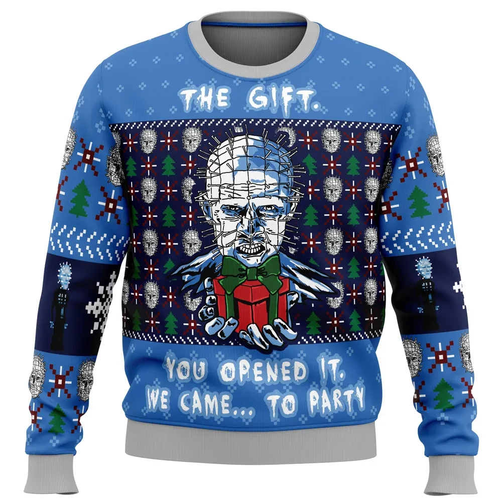 The Gift Hellraiser Ugly Christmas Sweater, Pinhead Horror Movie Holiday Sweatshirt, You Opened It We Came to Party, Unisex Xmas Gift