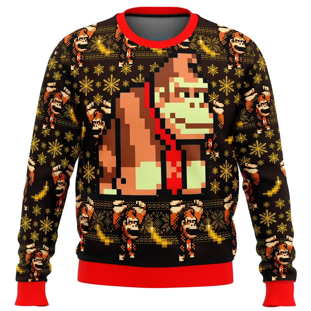 Donkey Kong Sprite Ugly Christmas Sweater, Retro Nintendo Gamer Holiday Sweater, Pixel Art Banana Gaming Xmas Gift for Arcade Fans