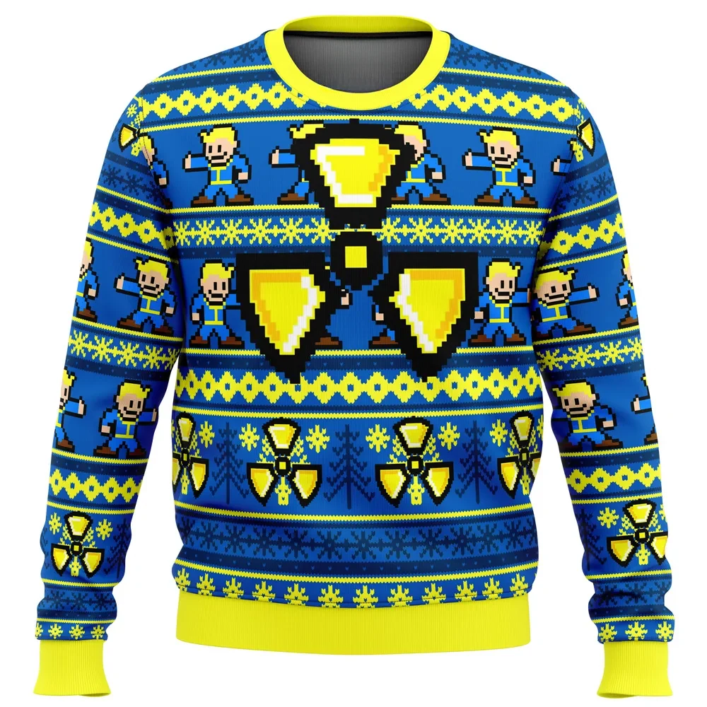 Fallout Vault Boy Radiation Ugly Christmas Sweater, Thumbs Up Pixel Blue and Yellow Gamer Holiday Sweater, Gaming Xmas Gift for Wasteland Fans