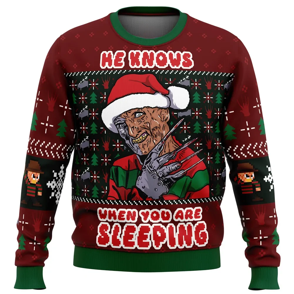 Freddy Krueger He Knows When You Are Sleeping Ugly Christmas Sweater, Nightmare on Elm Street Horror Movie Holiday Sweater, Xmas Gift