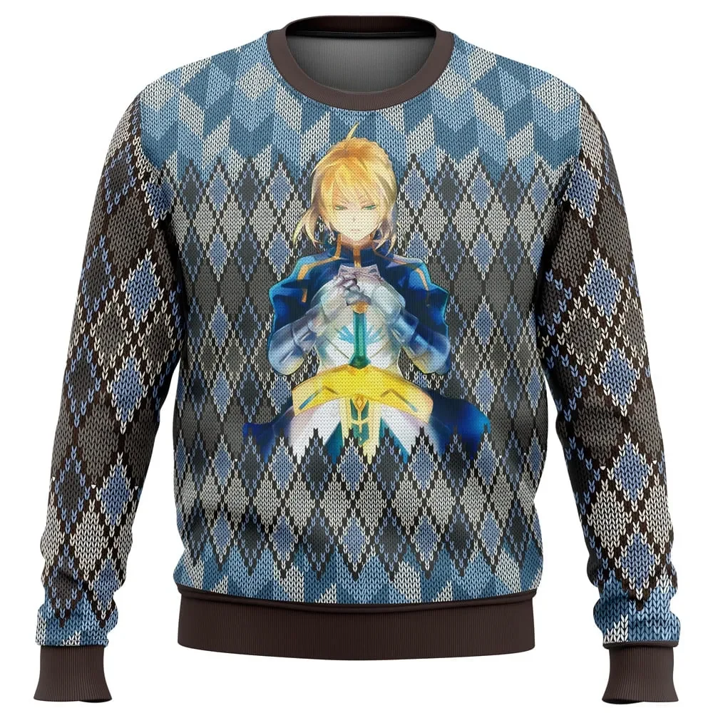 Fate Zero Saber Ugly Christmas Sweater, Fate Anime Holiday Sweater, Blue Argyle Pattern Unisex Sweatshirt, Anime Xmas Gift for Otaku Friends