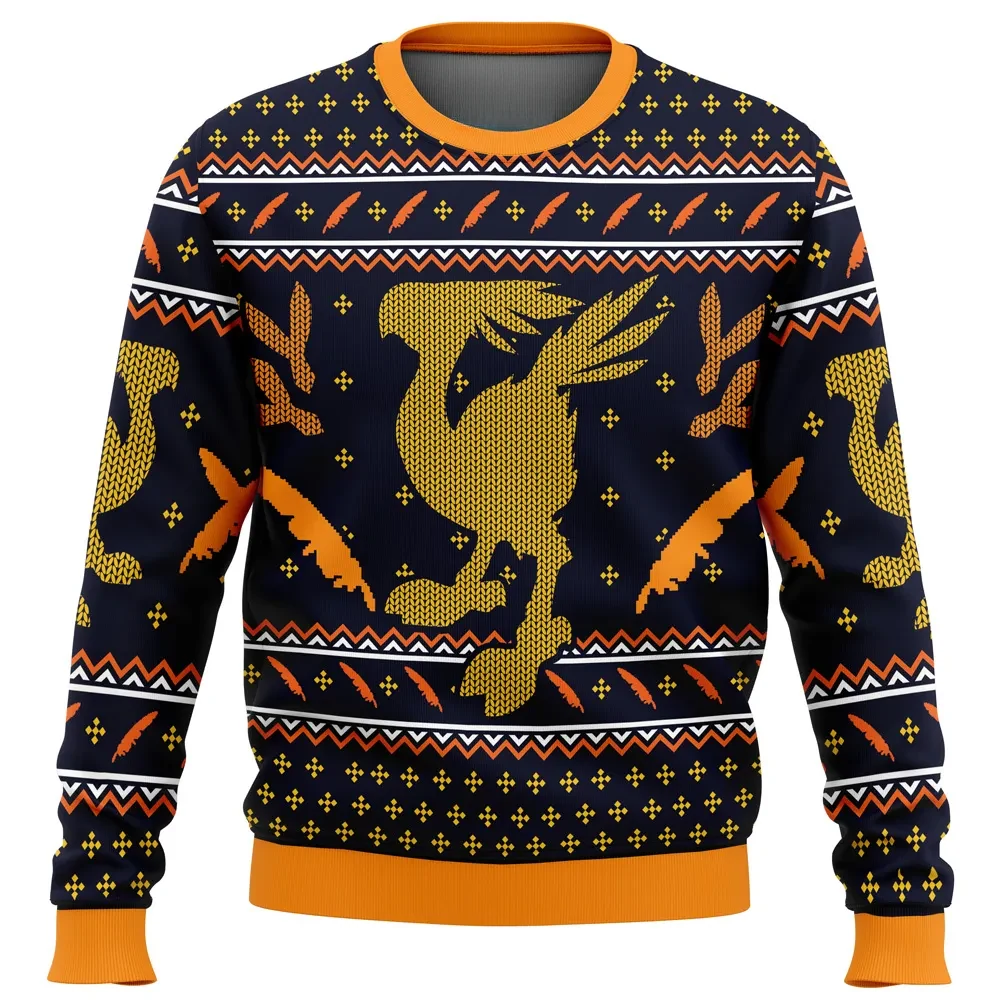 Chocobo Final Fantasy Ugly Christmas Sweater, Gamer Holiday Sweater, Gold Bird and Orange Feathers Unisex Sweatshirt, Video Game Xmas Gift