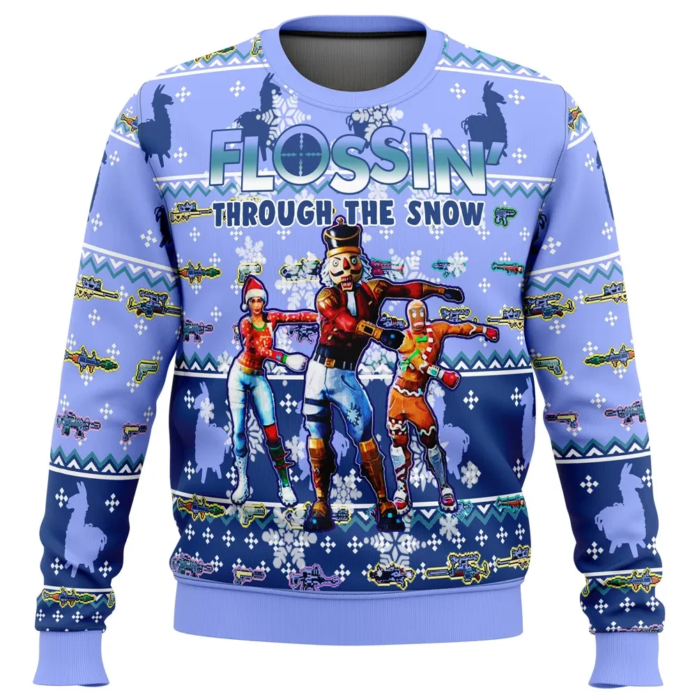 Fortnite Snow Floss Ugly Christmas Sweater, Flossin Through the Snow Holiday Sweater, Gamer Xmas Gift, Nutcracker and Llama Unisex Pullover