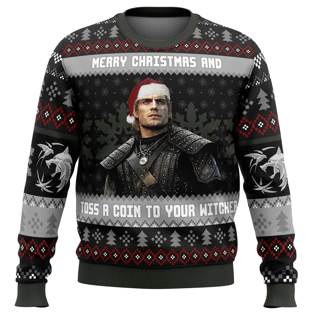 Santa Witcher Ugly Christmas Sweater, Toss a Coin to Your Witcher Holiday Sweater, The Witcher Xmas Gift, Geralt of Rivia Fan Unisex Pullover