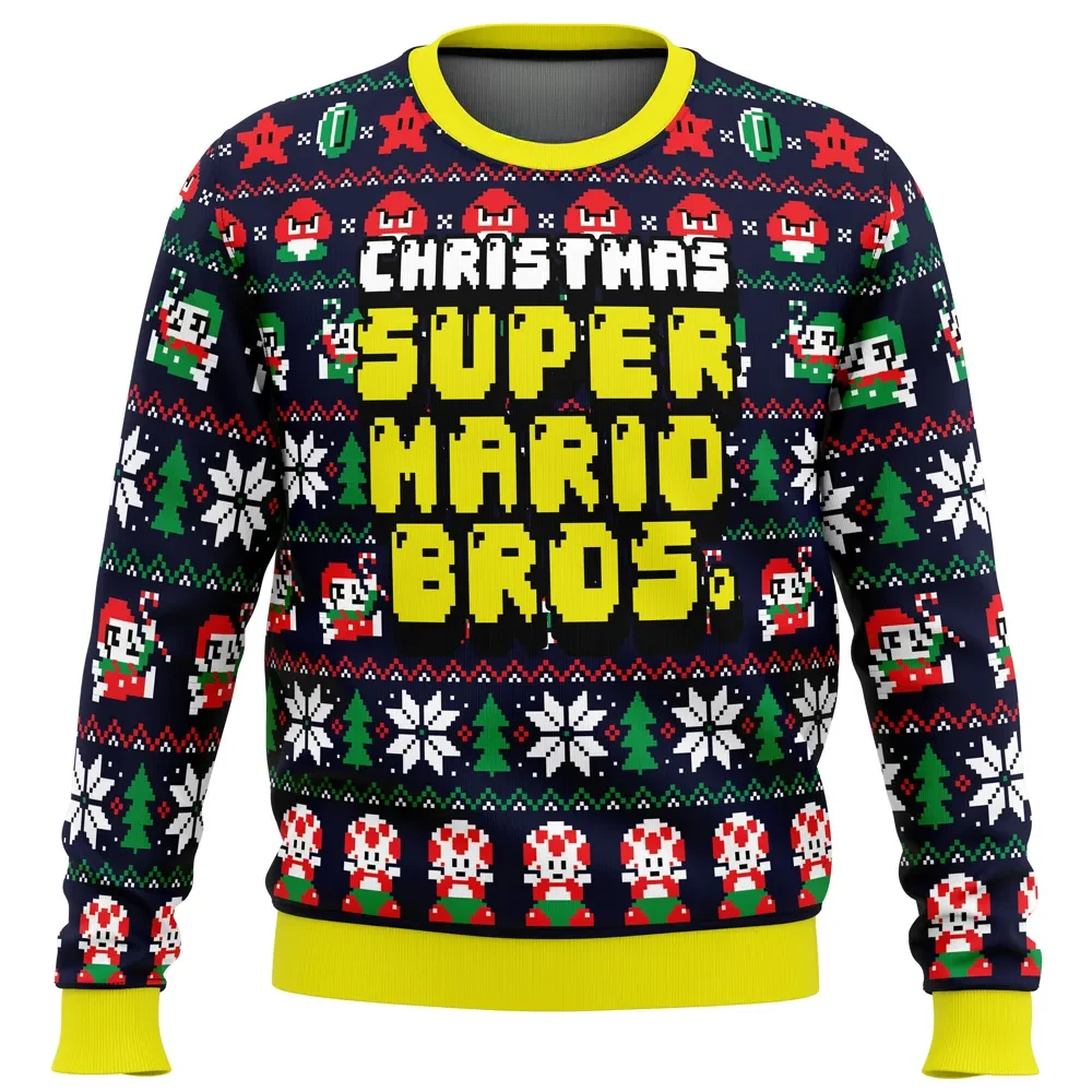 Christmas Super Mario Bros Ugly Christmas Sweater, Pixel Toad and Mushroom Super Mario Holiday Sweater, Retro Nintendo Gamer Xmas Gift