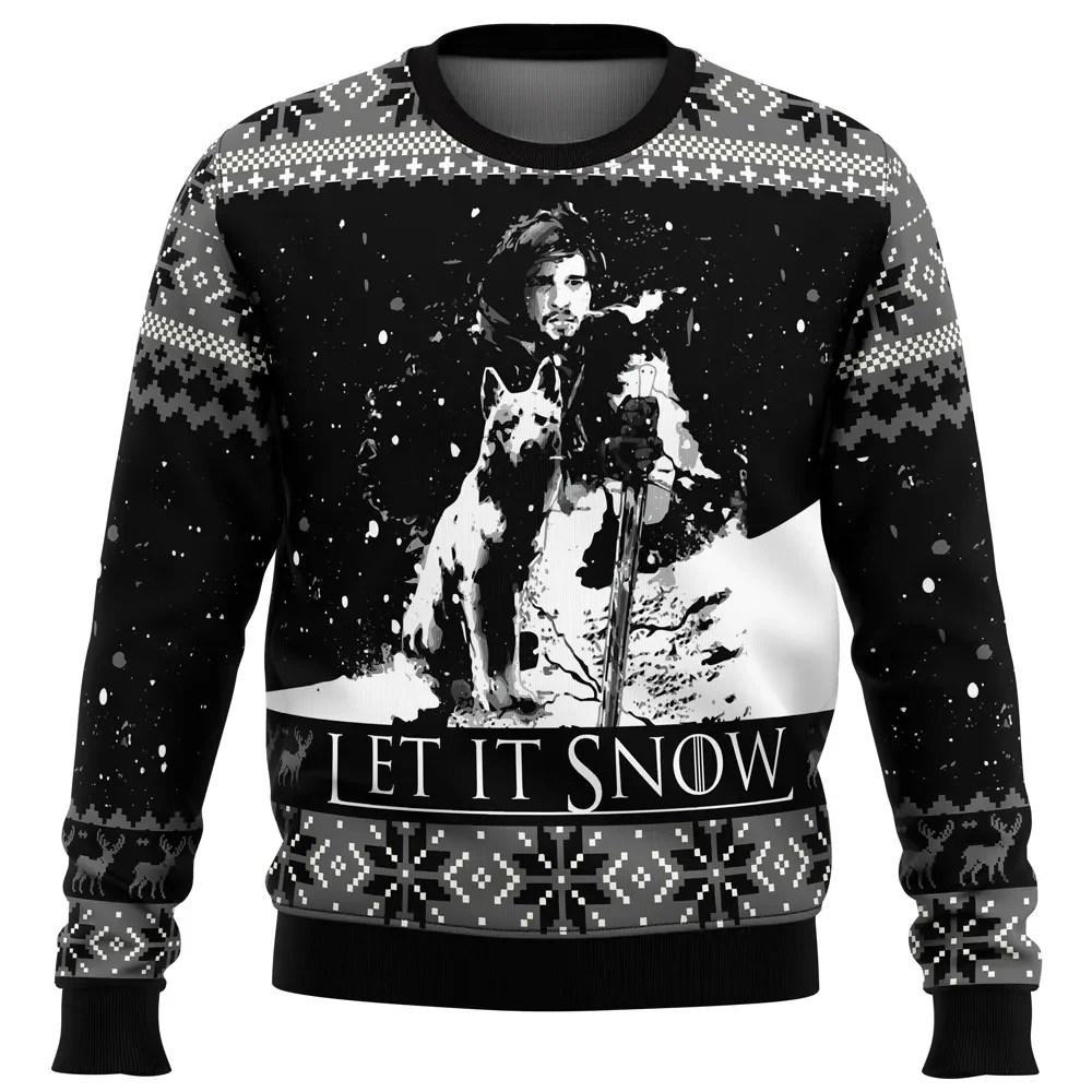 Let It Snow Jon Snow Game of Thrones Ugly Christmas Sweater, House Stark Direwolf Holiday Sweater, Night's Watch TV Show Xmas Gift for Fans