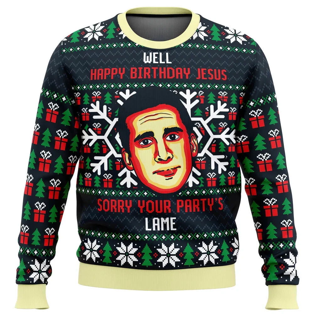 Happy Birthday Jesus Funny The Office Ugly Christmas Sweater, Michael Scott Sorry Your Party's Lame, TV Show Xmas Sweater