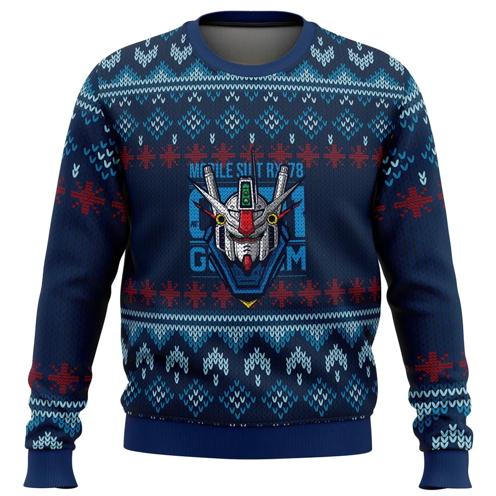 Gundam RX-78 Mobile Suit Ugly Christmas Sweater, RX-78-2 Gundam Head Holiday Sweater, Navy Blue Mecha Anime Xmas Sweatshirt, Xmas Gift