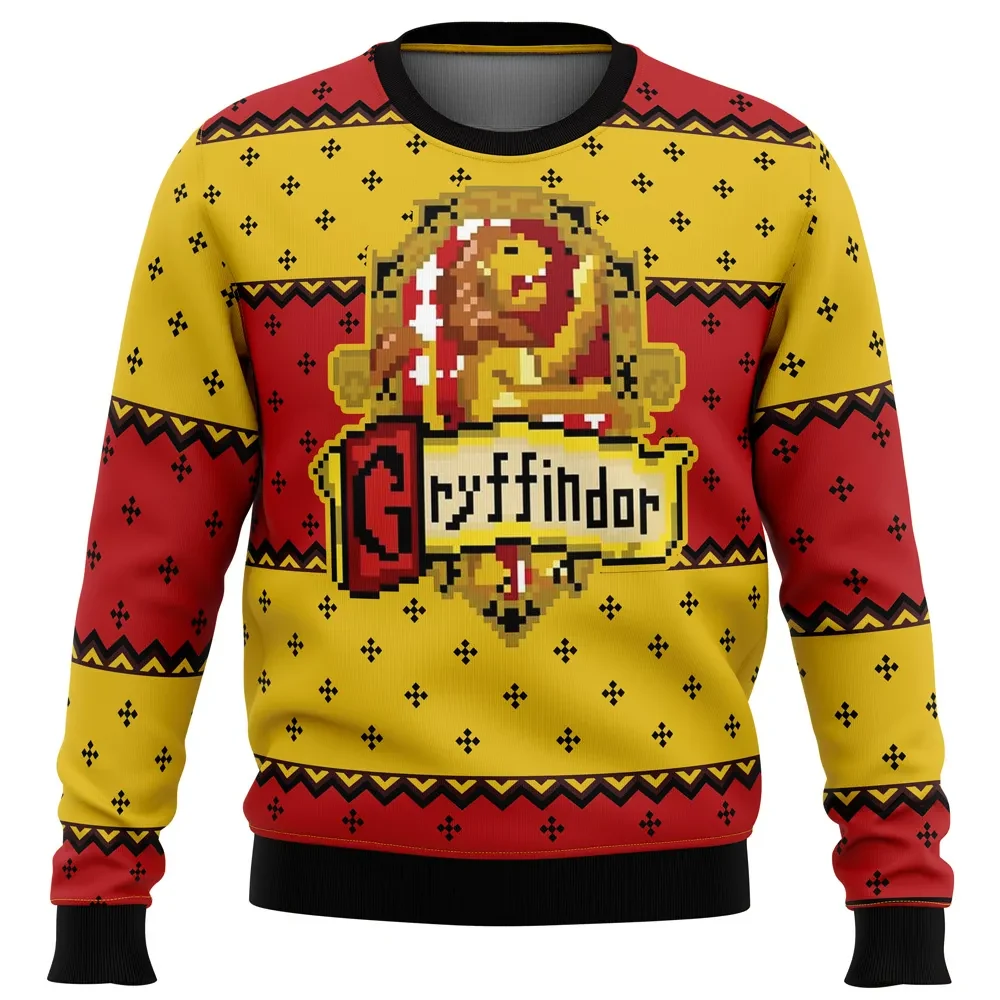 Harry Potter Gryffindor Ugly Christmas Sweater, Hogwarts House Holiday Sweater, Wizard Xmas Gift, Unisex All Over Print Red and Gold Sweatshirt