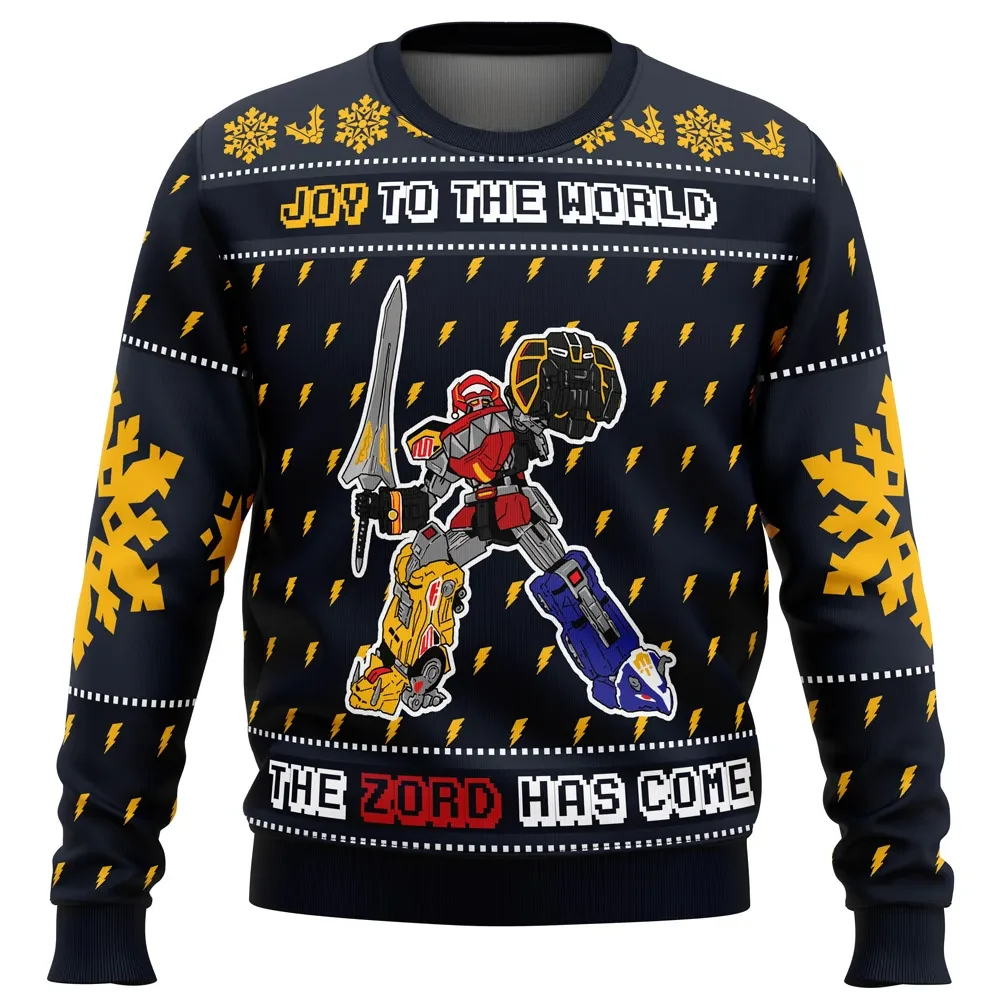 The Zord Has Come Power Rangers Ugly Christmas Sweater, Megazord Holiday Sweater, Joy to the World Pullover, Retro TV Xmas Gift