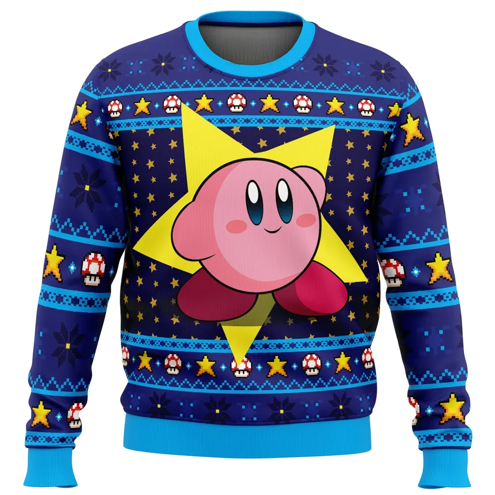 The Pink Hero Kirby's Dream Land Ugly Christmas Sweater, Kirby Holiday Sweater, Warp Star Purple and Blue Unisex Sweatshirt, Gamer Xmas Gift