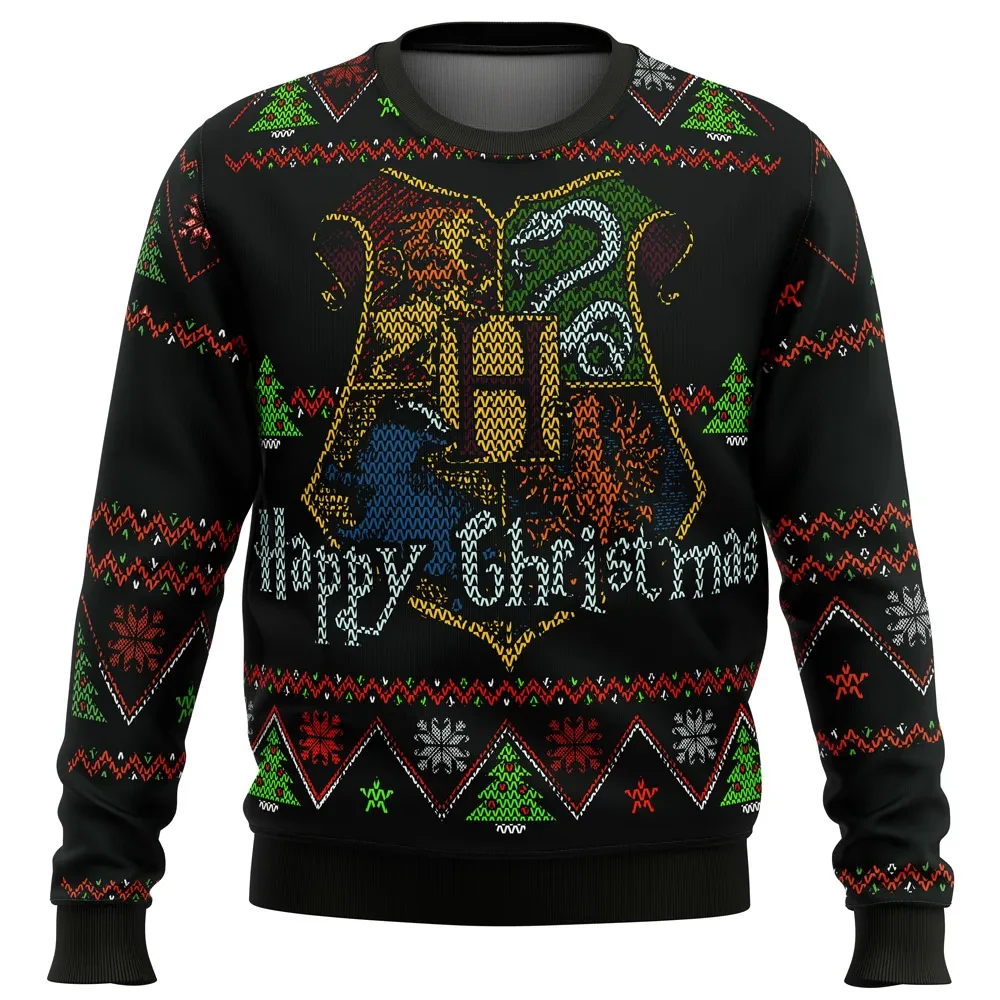 Harry Potter Hogwarts Happy Christmas Ugly Christmas Sweater, Hogwarts Crest Holiday Sweater, Wizard Movie Xmas Jumper