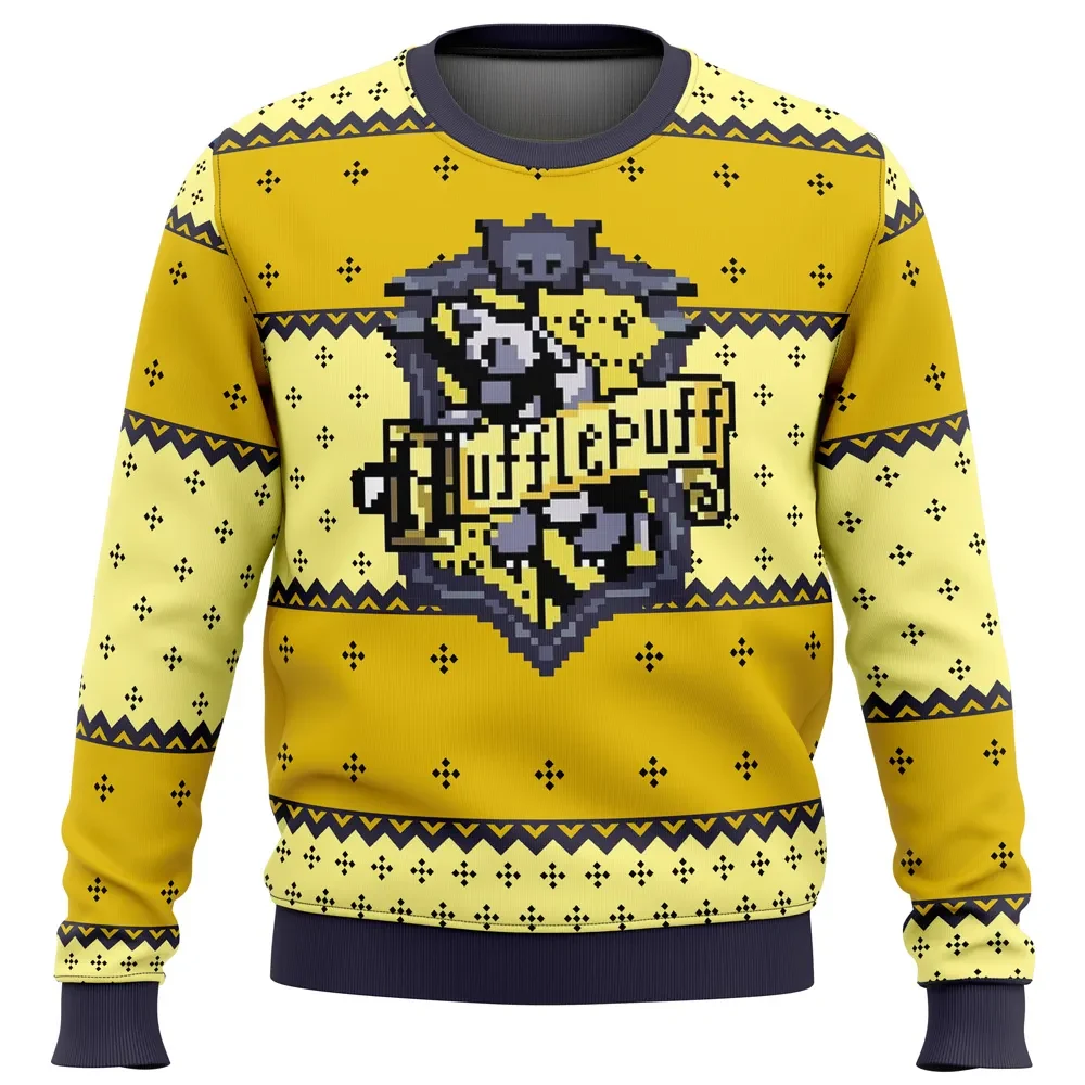 Harry Potter Hufflepuff Ugly Christmas Sweater, Hogwarts House Holiday Sweater, Wizard Xmas Gift, Unisex All Over Print Yellow Striped Sweatshirt