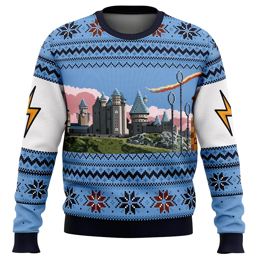 Retro Hogwarts Ugly Christmas Sweater, Harry Potter Holiday Sweater, Pixel Castle and Quidditch Hoops, Wizard Movie Xmas Gift for Fans