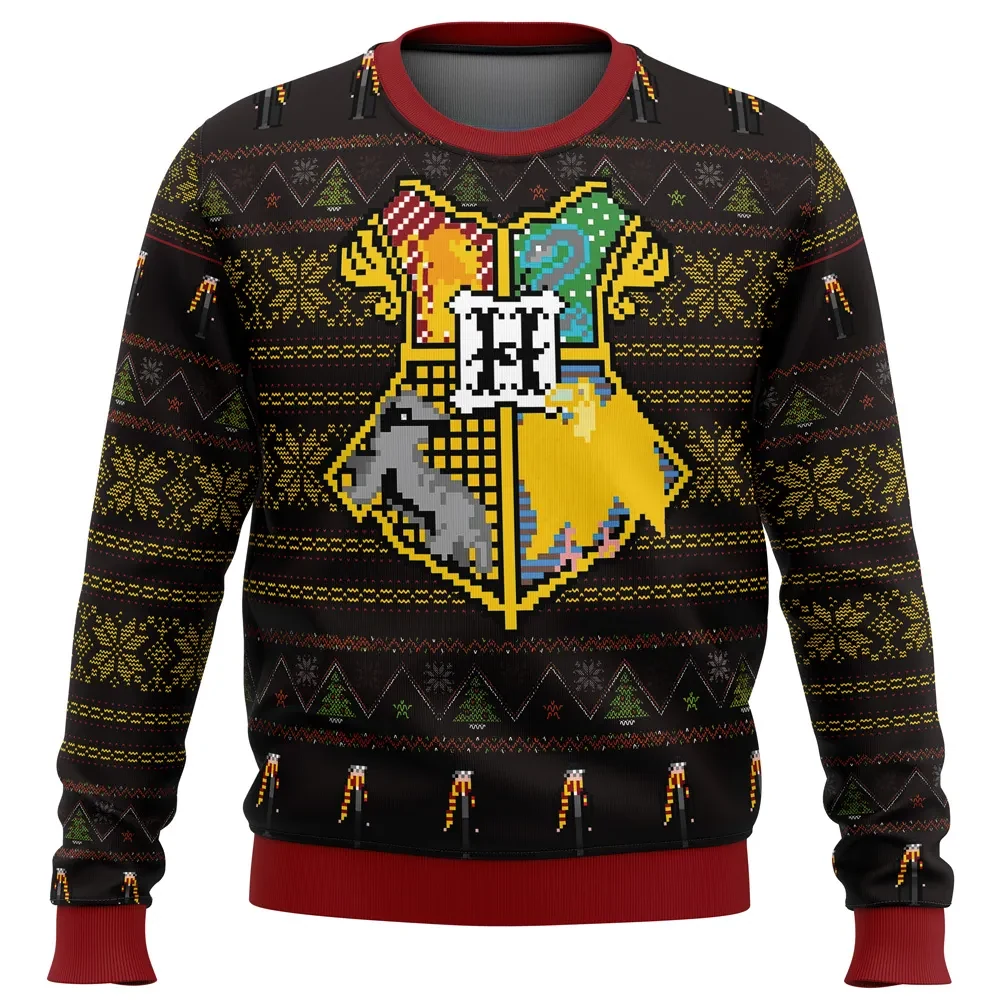 HP Sigils Hogwarts Crest Ugly Christmas Sweater, Wizard Holiday Sweater, Four Houses Pixel Crest Unisex Sweatshirt, Movie Xmas Gift