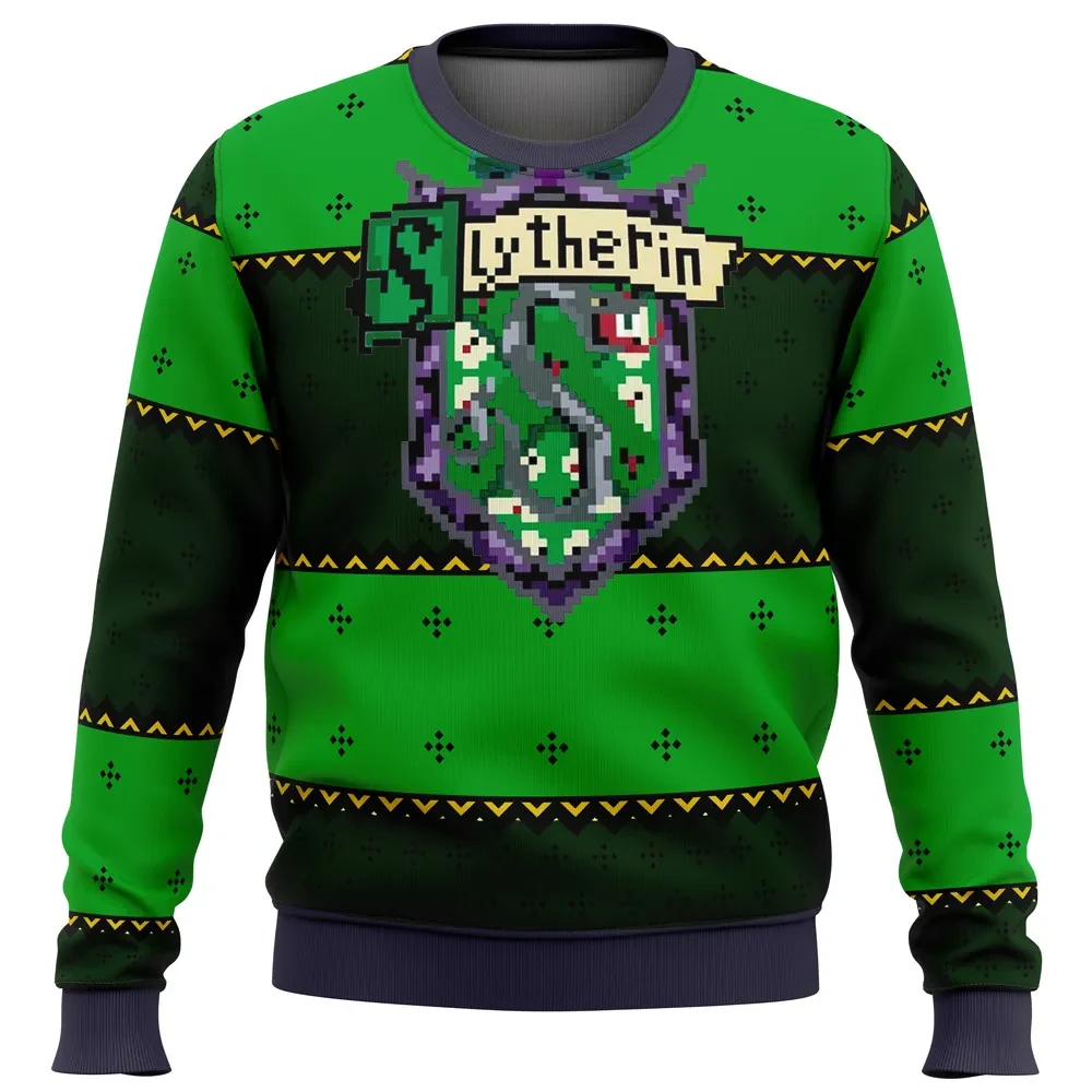 Slytherin Ugly Christmas Sweater, Pixel Serpent Crest Harry Potter House Holiday Sweater, Green Wizard Movie Xmas Gift for Hogwarts Fans