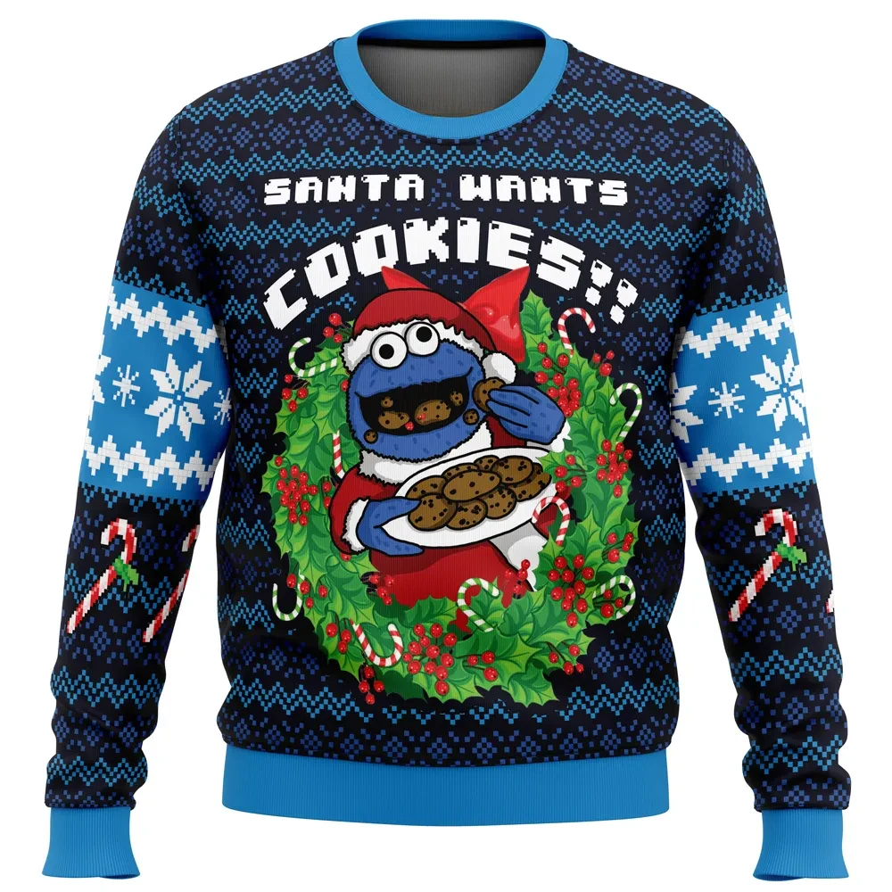 Santa Wants Cookies Cookie Monster Ugly Christmas Sweater, Sesame Street Holiday Sweater, Funny Holly Wreath Unisex Pullover, Xmas Gift