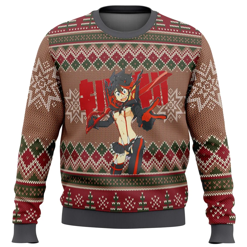 Kill La Kill Ryuko Matoi Ugly Christmas Sweater, Kill La Kill Holiday Sweater, Ryuko in Senketsu Fair Isle Design, Anime Xmas Gift for Fans