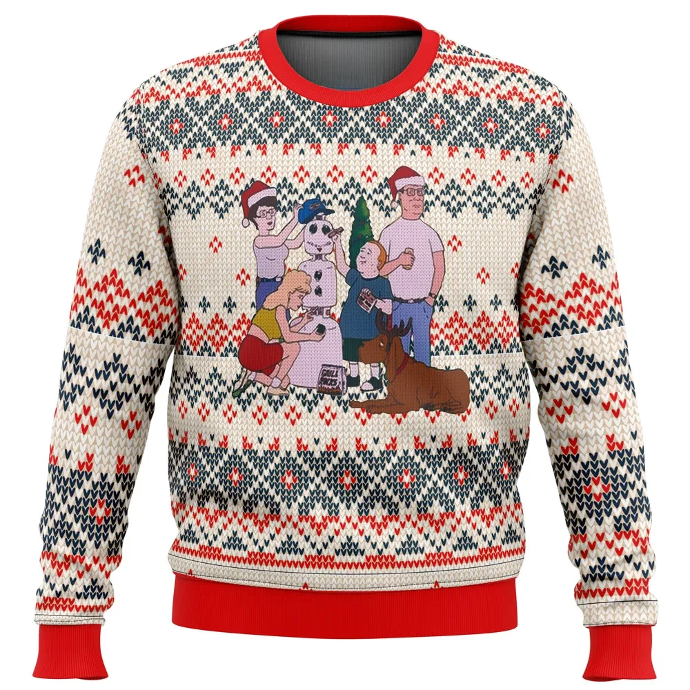 King of the Hill Ugly Christmas Sweater, Hank Hill Holiday Sweater, Cartoon Xmas Gift, Family Snowman Scene Unisex All Over Print Pullover