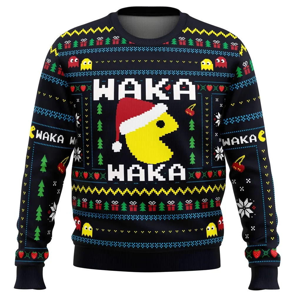 Waka Waka Pac-Man Ugly Christmas Sweater, Christmas Arcade Holiday Sweater, Santa Hat Pac-Man Sweatshirt, Retro Gamer Xmas Gift