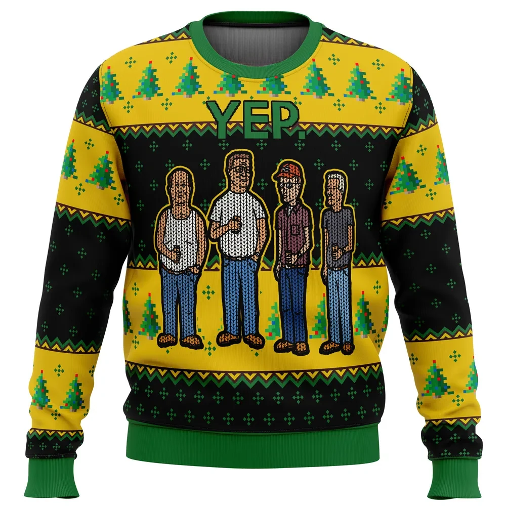 King of the Hill Yep Ugly Christmas Sweater, Hank Hill Holiday Sweater, Dale Bill Boomhauer Cartoon Xmas Gift, Unisex All Over Print Sweatshirt