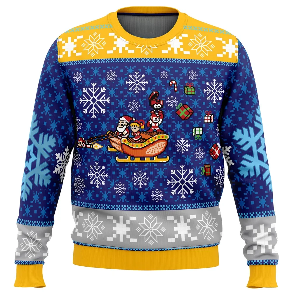 Mega Merry Christmas Mega Man Ugly Christmas Sweater, Pixel Santa Sleigh Holiday Sweater, Retro Gamer Xmas Sweatshirt, Gift for 8-Bit Fans