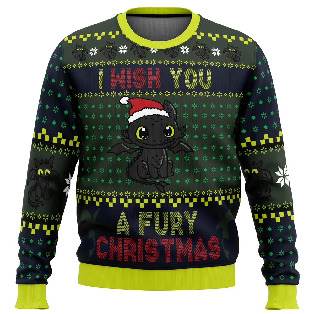 I Wish You a Fury Christmas Toothless Ugly Christmas Sweater, How to Train Your Dragon Holiday Sweater, Movie All Over Print Xmas Sweater