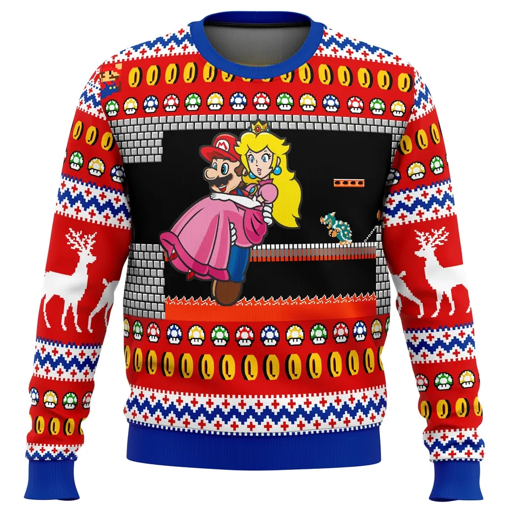 Mario Bros Bowser's Castle Ugly Christmas Sweater, Super Mario Holiday Sweater, Princess Peach Rescue Sweatshirt, Gamer Xmas Gift