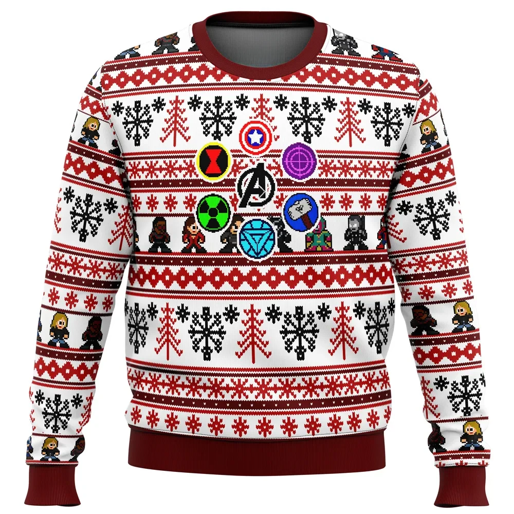 Marvel Avengers Retro Ugly Christmas Sweater, Superhero Holiday Sweater, Hero Emblems Unisex Sweatshirt, Movie Xmas Gift for Comic Book Fans
