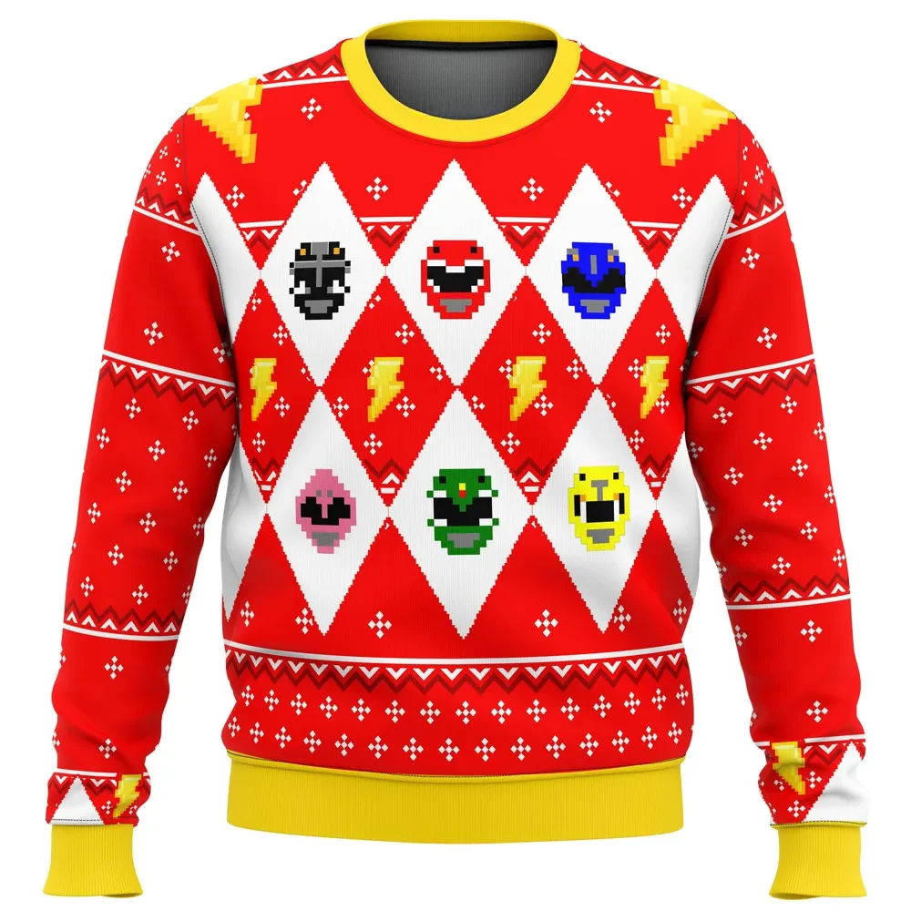 Mighty Morphin Power Rangers Ugly Christmas Sweater, Ranger Helmets Holiday Sweater, Red Diamond Lightning Bolt Design, Xmas Gift for 90s Fans