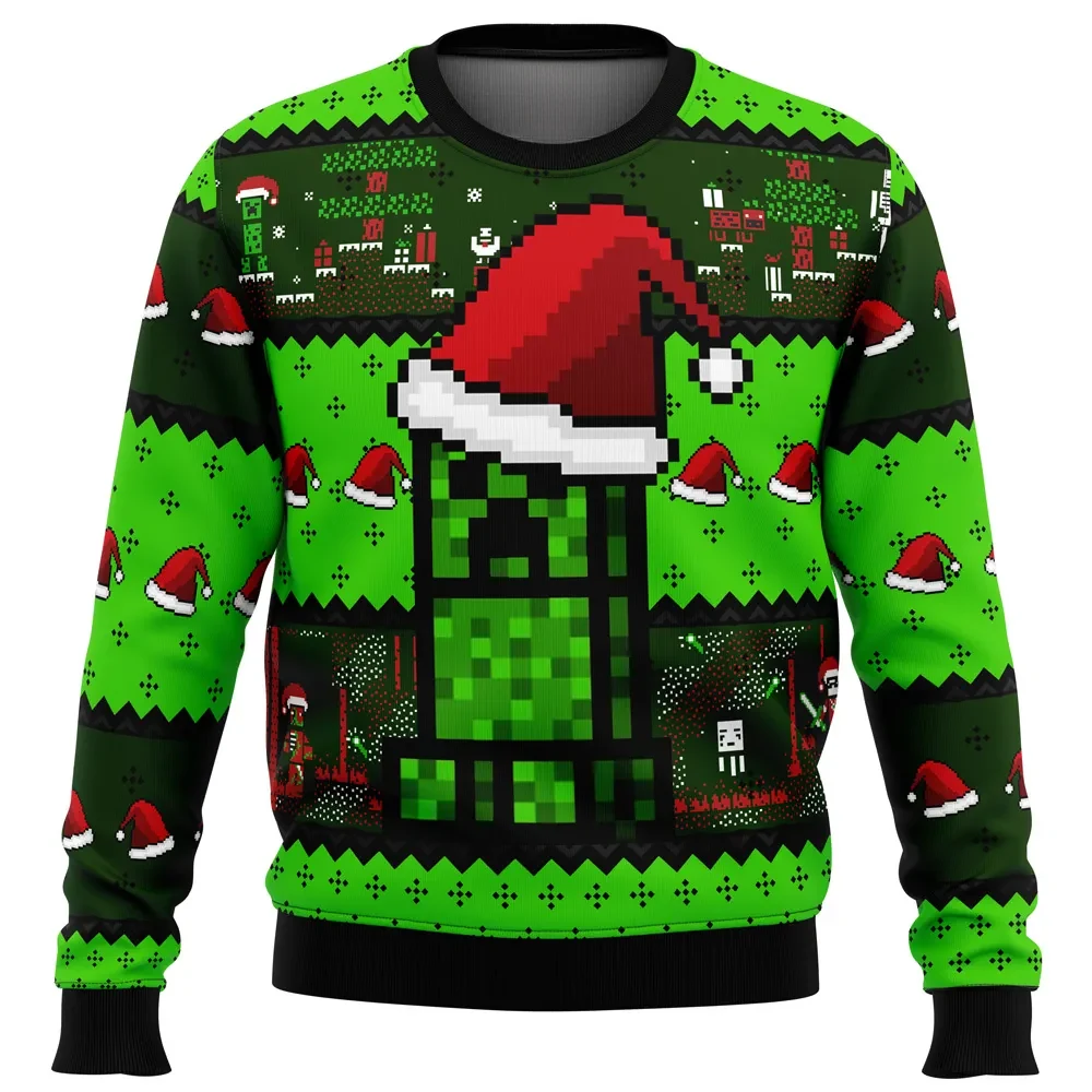 Minecraft Creeper Ugly Christmas Sweater, Santa Hat Creeper Pixel Gamer Holiday Sweatshirt, Unisex Xmas Gift for Gamers and Kids at Heart