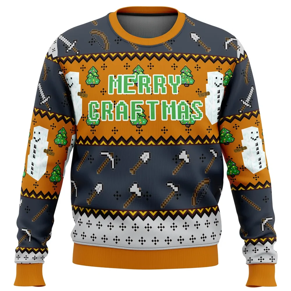 Minecraft Merry Craftmas Ugly Christmas Sweater, Snow Golem Pixel Holiday Sweatshirt, Gamer Xmas Party Gift for Block Building Fans