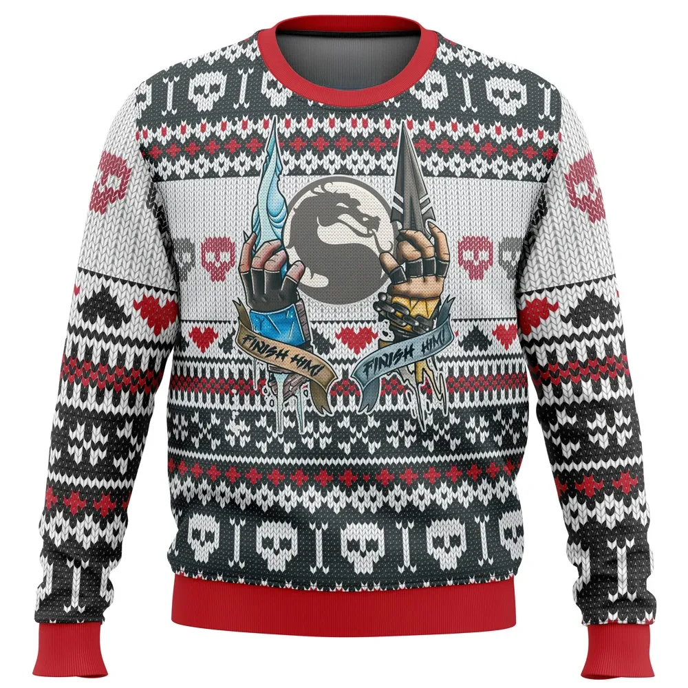 Mortal Kombat Finish Him Ugly Christmas Sweater, Sub-Zero Scorpion Holiday Sweater, Dragon Logo with Skulls and Bones, Fighting Gamer Xmas Gift