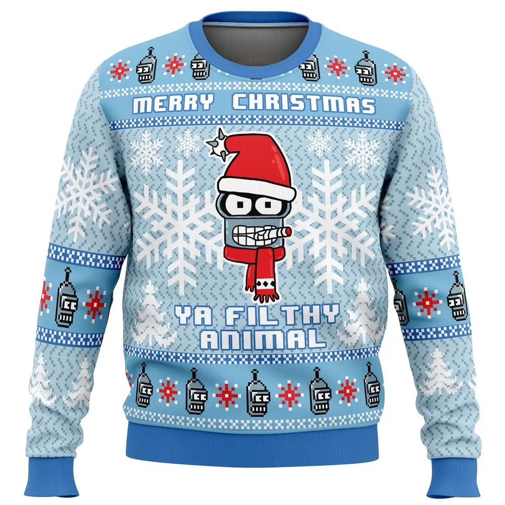 Merry Christmas Ya Filthy Animal Futurama Ugly Christmas Sweater, Bender Santa Hat Holiday Sweatshirt, Funny Cartoon Xmas Gift for TV Fans