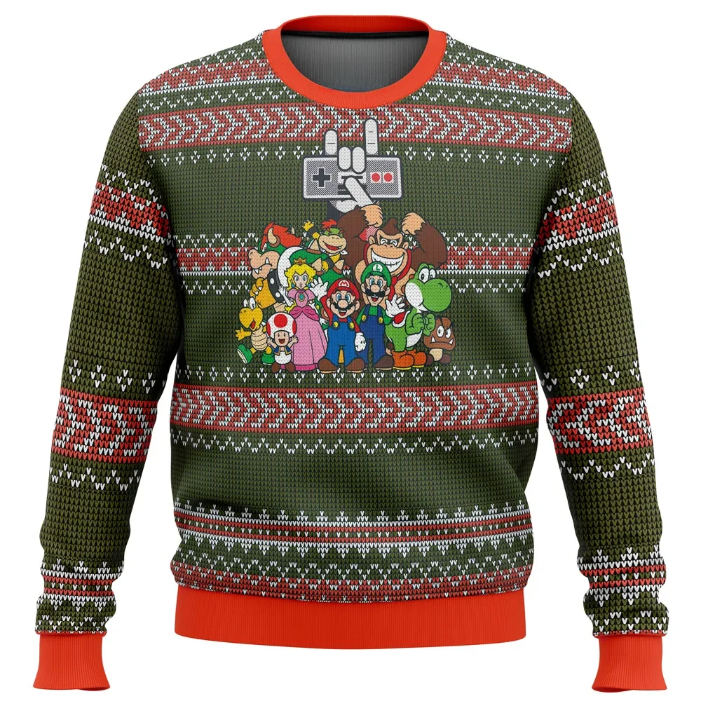 Nintendo Ugly Christmas Sweater, Super Mario Bros Donkey Kong Holiday Sweater, NES Controller with Yoshi, Peach and Luigi, Gamer Xmas Gift