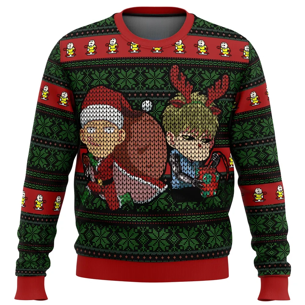 One Punch Man Holiday Ugly Christmas Sweater, Santa Saitama and Reindeer Genos Anime Holiday Sweater, Unisex All Over Print Anime Xmas Gift