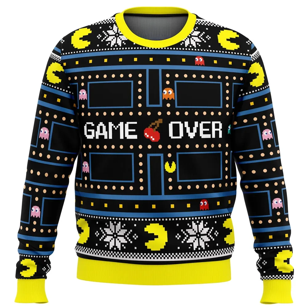 Pacman Game Over Ugly Christmas Sweater, Retro Arcade Holiday Sweater, Maze and Ghosts Unisex Sweatshirt, Gamer Xmas Gift for 80s Video Game Fans