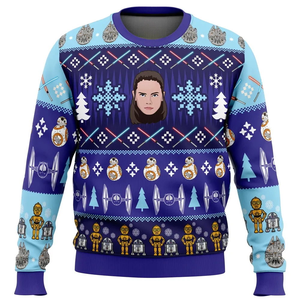 The Rise Of Christmas Star Wars Ugly Christmas Sweater, Rey Holiday Sweatshirt with BB-8, R2-D2 and C-3PO, Sci-Fi Xmas Gift for Fans